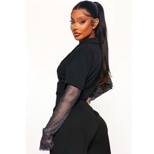 Elegant Black Blazer Top With Rhinestones